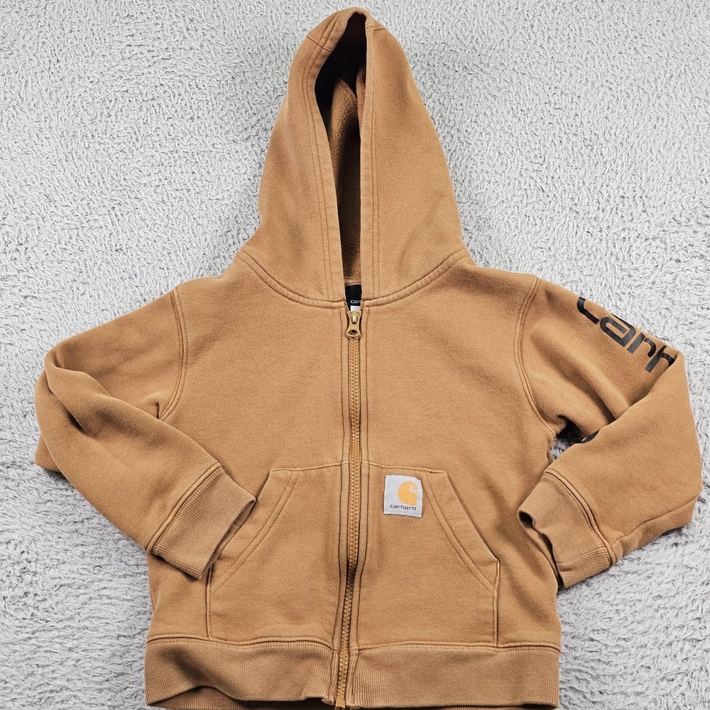Carhartt Hoodie Sweatshirt Kids 5 Brown Full Zip Fleece Logo Sleeve TS8564-B